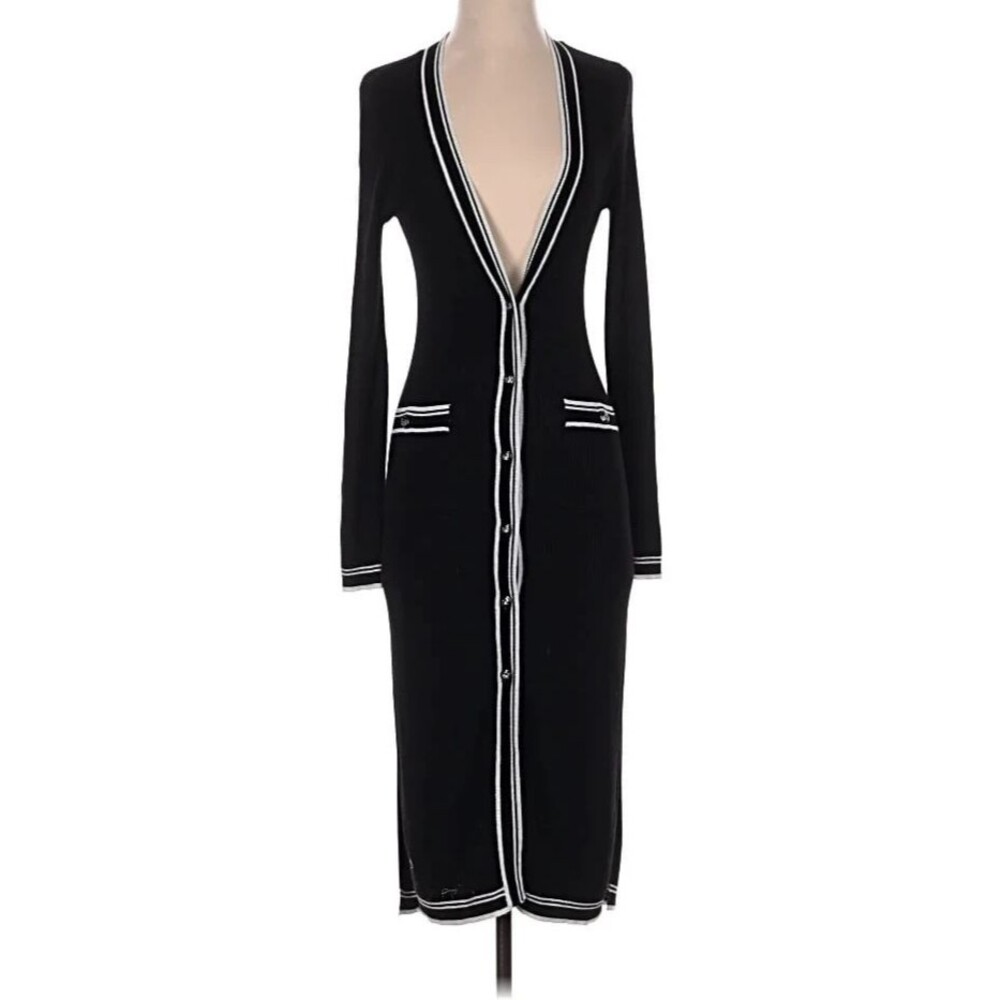 White House Black Market Long Black Duster Sweater w/ Metallic Trim Size S New!